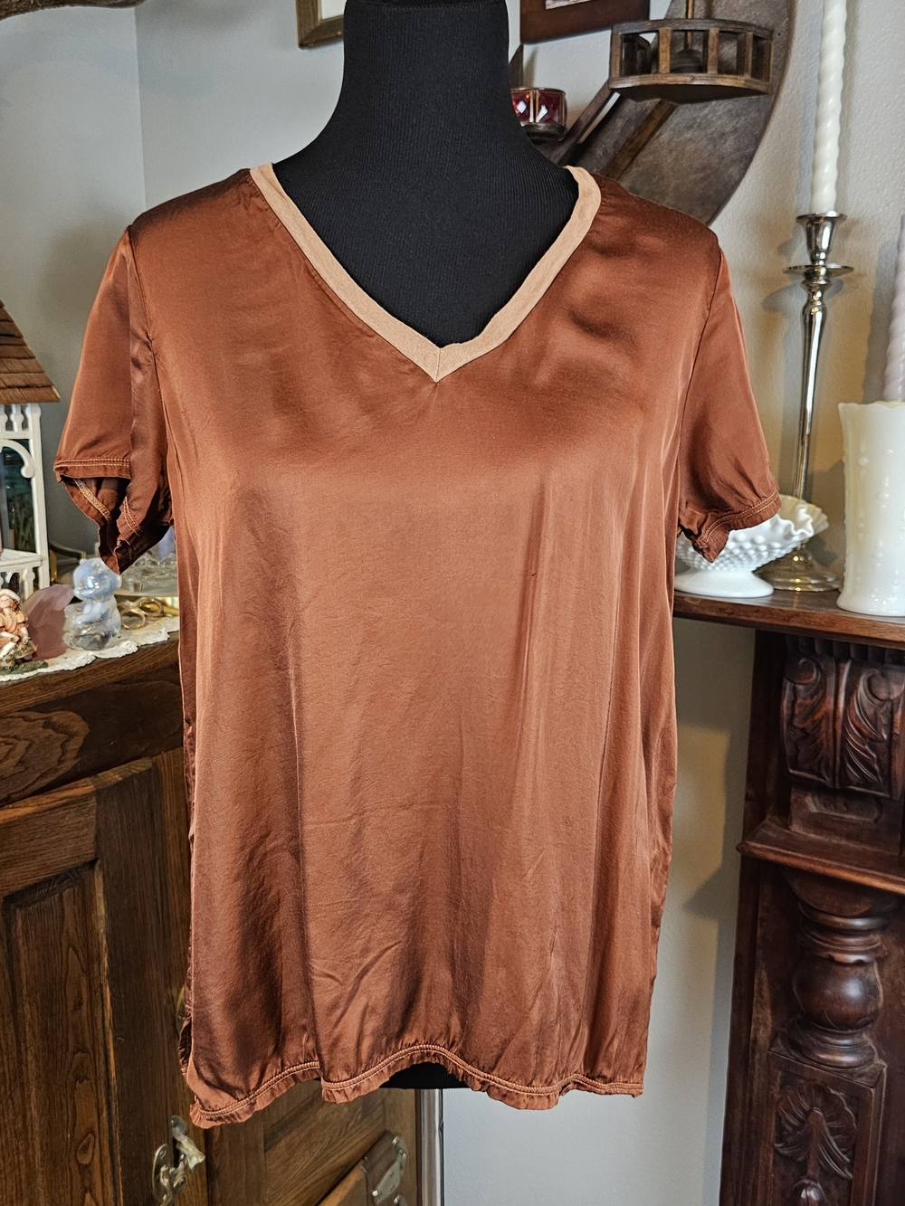 Nation LTD June Satin V-Neck Top Brown Large Made in USA